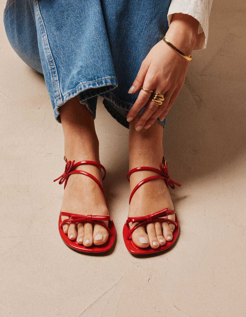 Nilu Sandals - Red Patent Pleated Leather