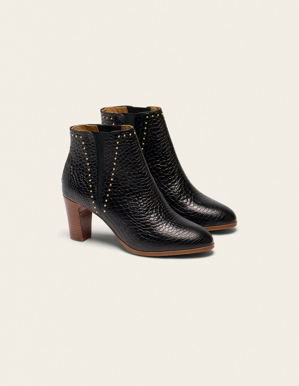 Bottines à talons Jeanne H - Cuir noir croco et clous