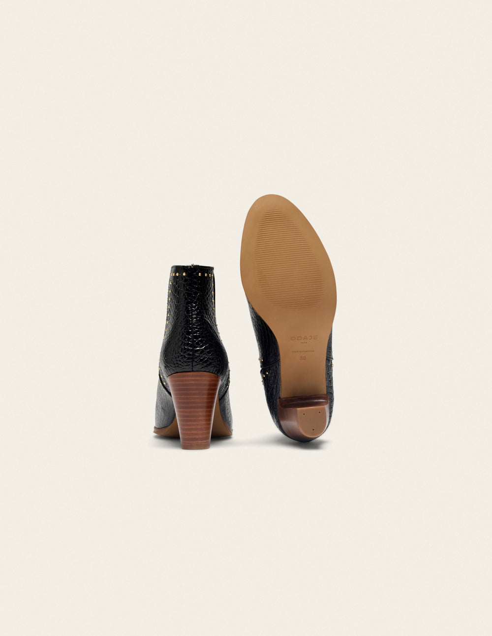 Bottines à talons Jeanne H - Cuir noir croco et clous