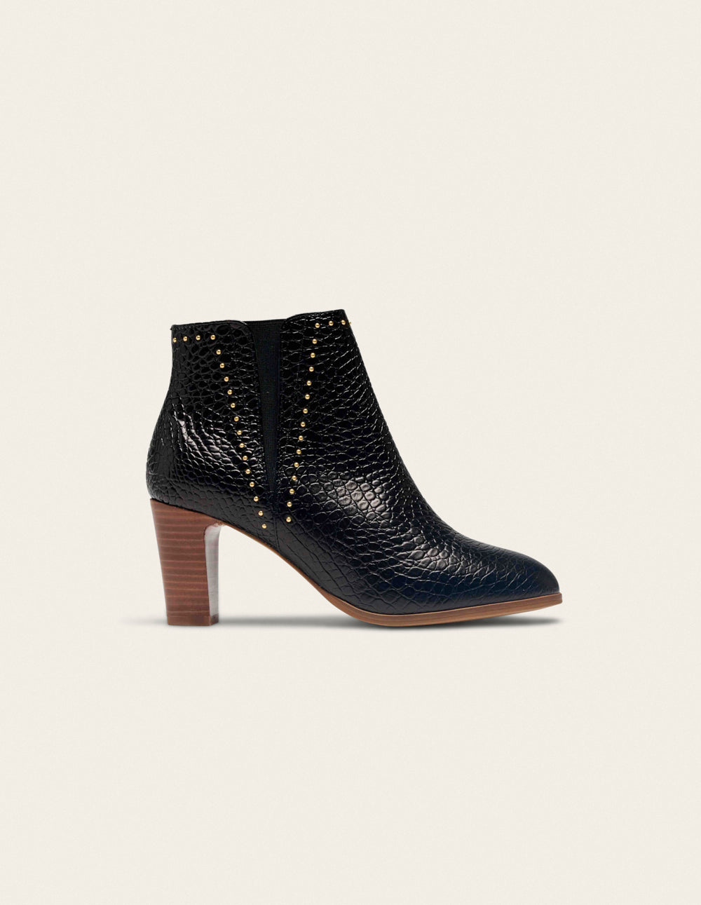 Bottines à talons Jeanne H - Cuir noir croco et clous