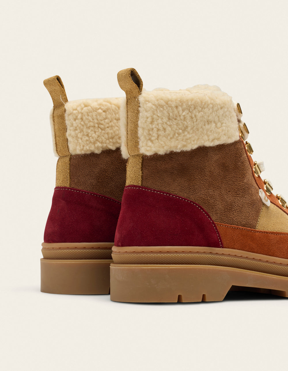 Bottines à lacets Joelle - Suède fourré bordeaux beige terracotta