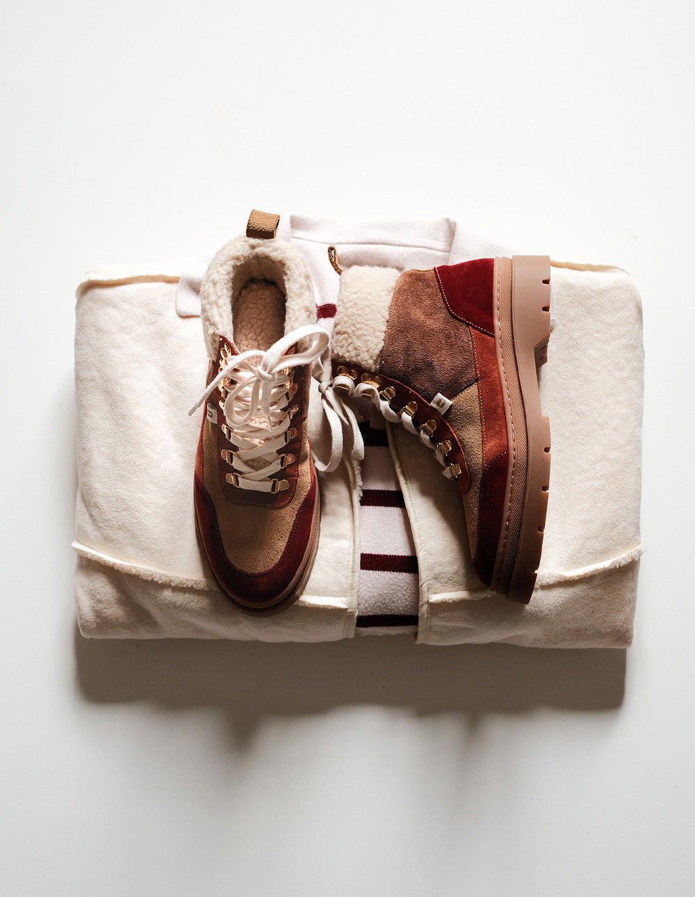 Bottines à lacets Joelle - Suède fourré bordeaux beige terracotta