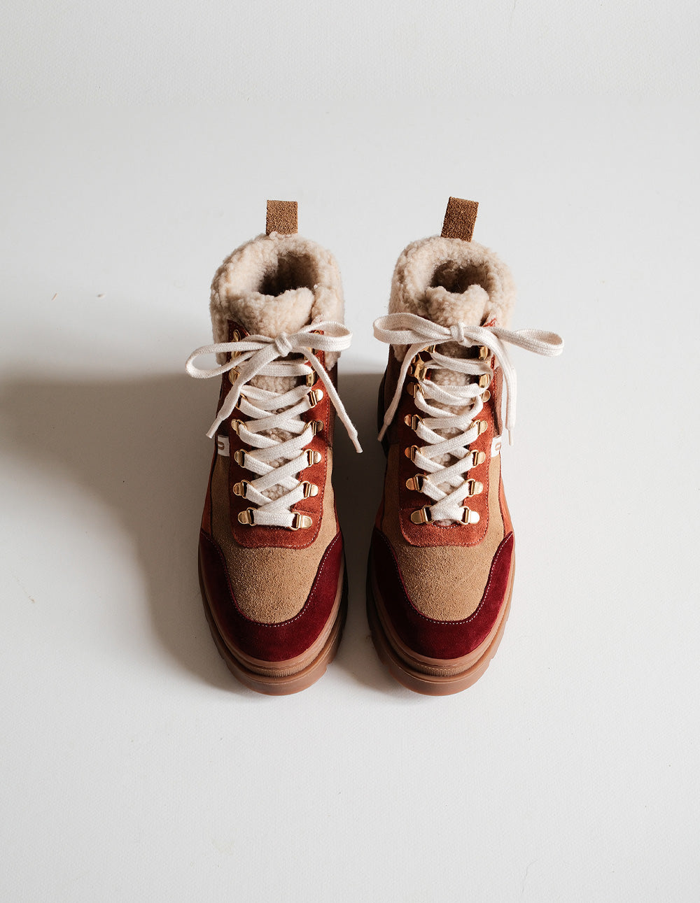 Bottines à lacets Joelle - Suède fourré bordeaux beige terracotta