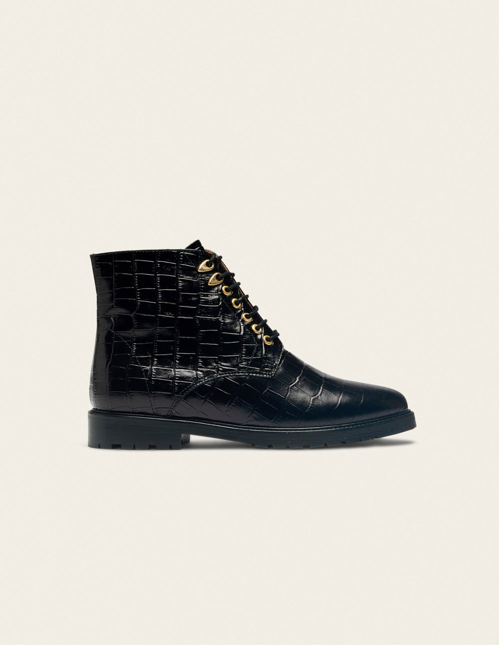 Bottines à lacets Laurène - Cuir croco noir