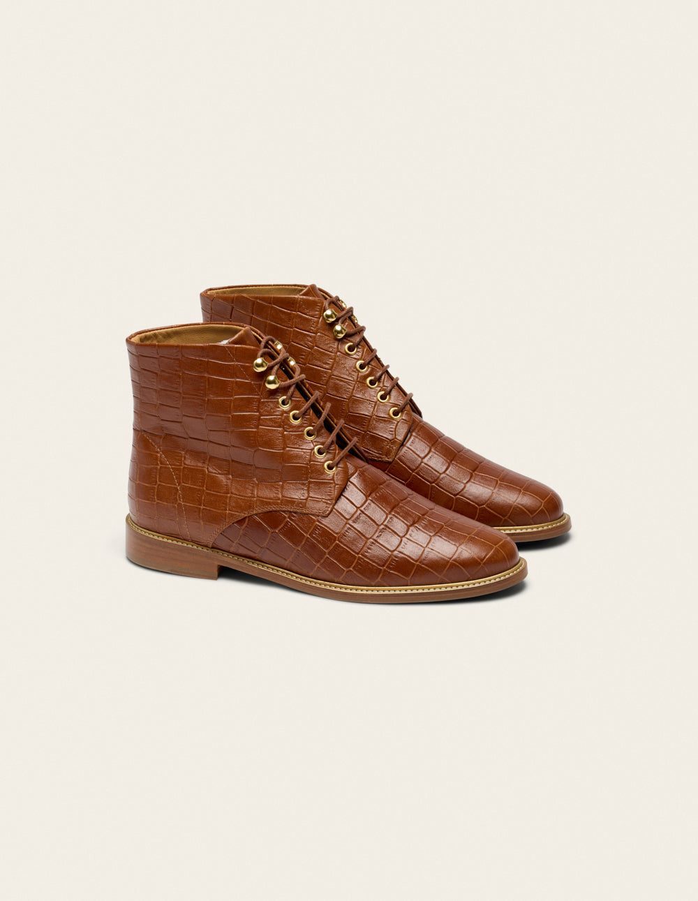 Bottines à lacets Lucienne - Cuir croco marron