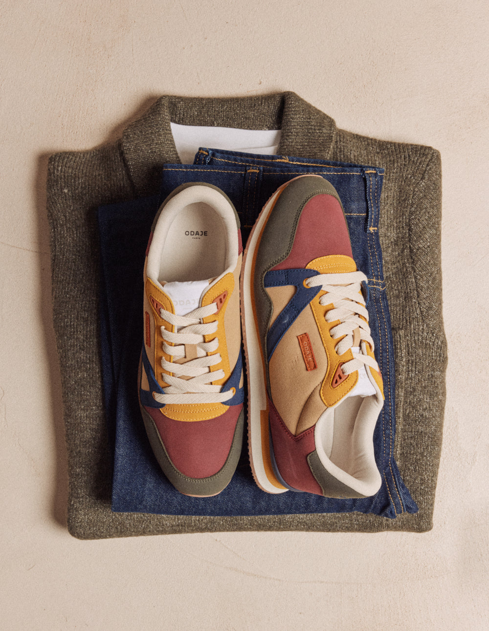 Baskets basses André - Kaki bordeaux moutarde