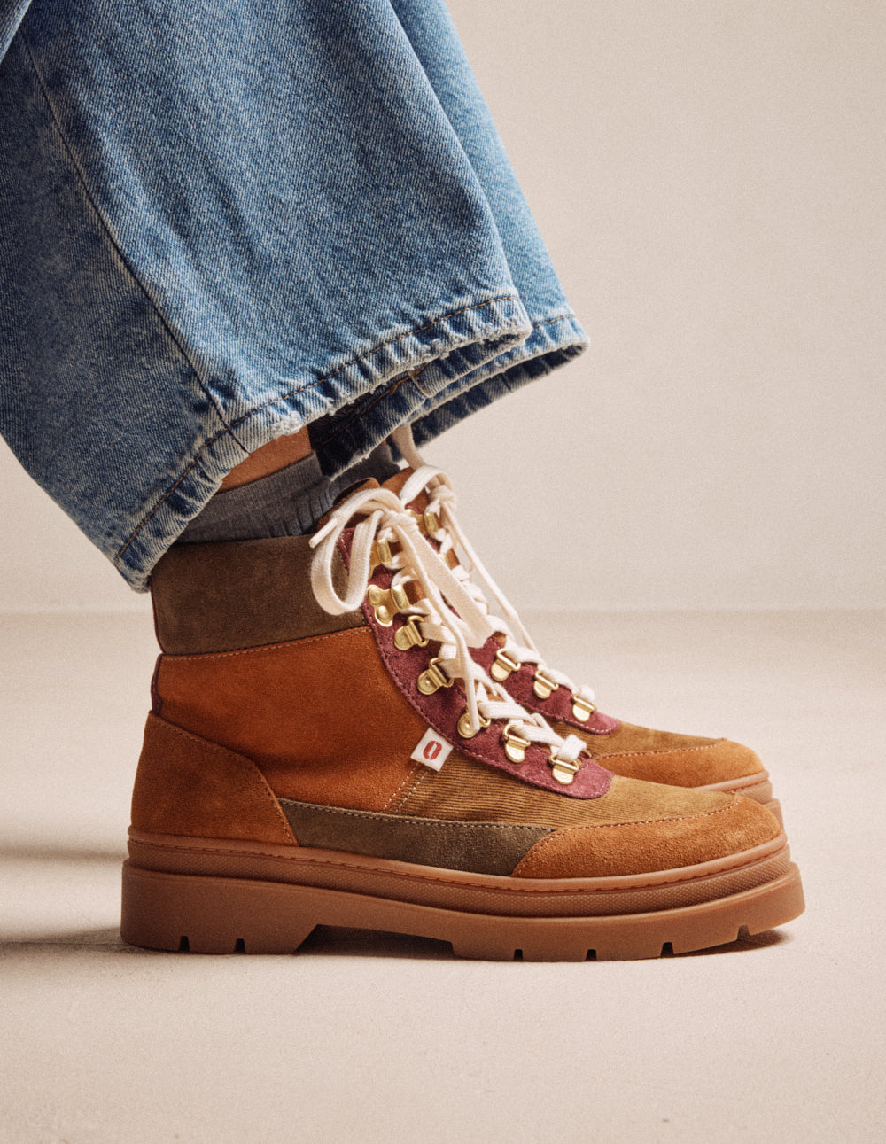 Bottines à lacets Joelle - Suède et velours marron bordeaux