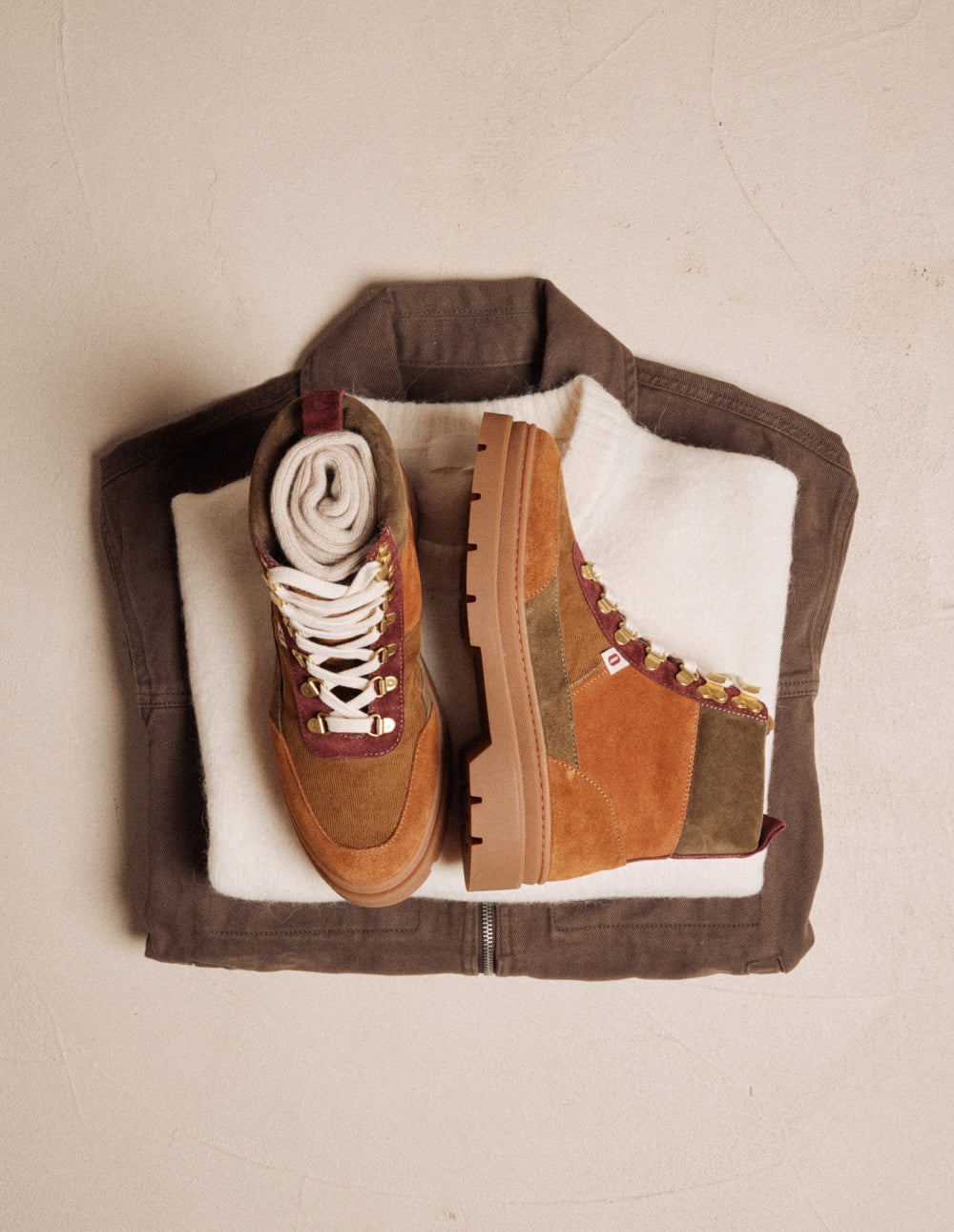 Bottines à lacets Joelle - Suède et velours marron bordeaux