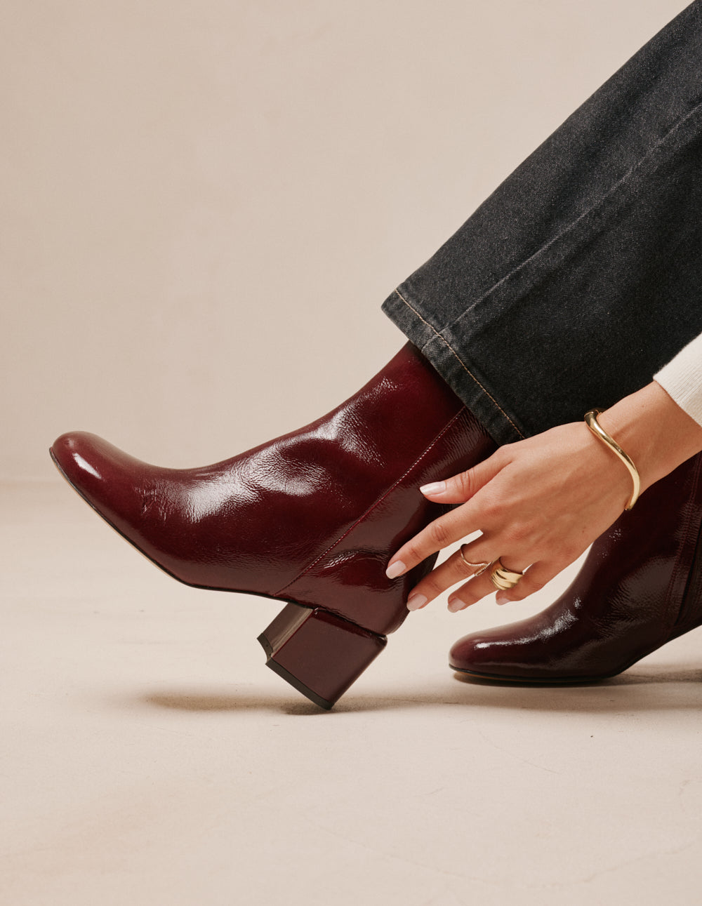 Bottines à talons Tasmin - Cuir plissé verni bordeaux