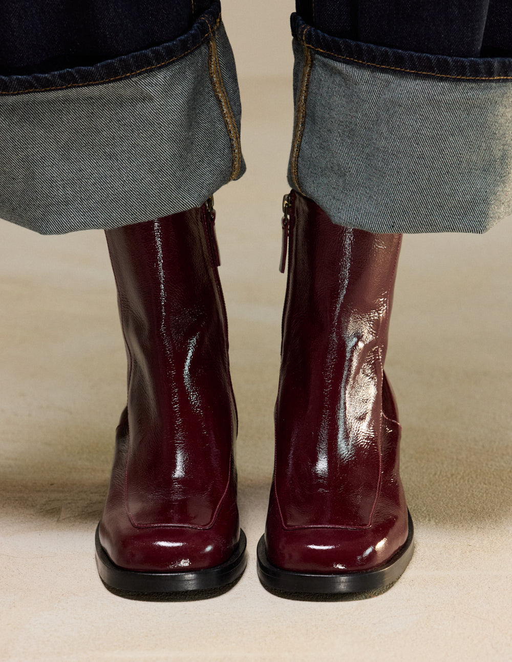 Callie Heeled Ankle Boots - Burgundy Pleated Patent Leather
