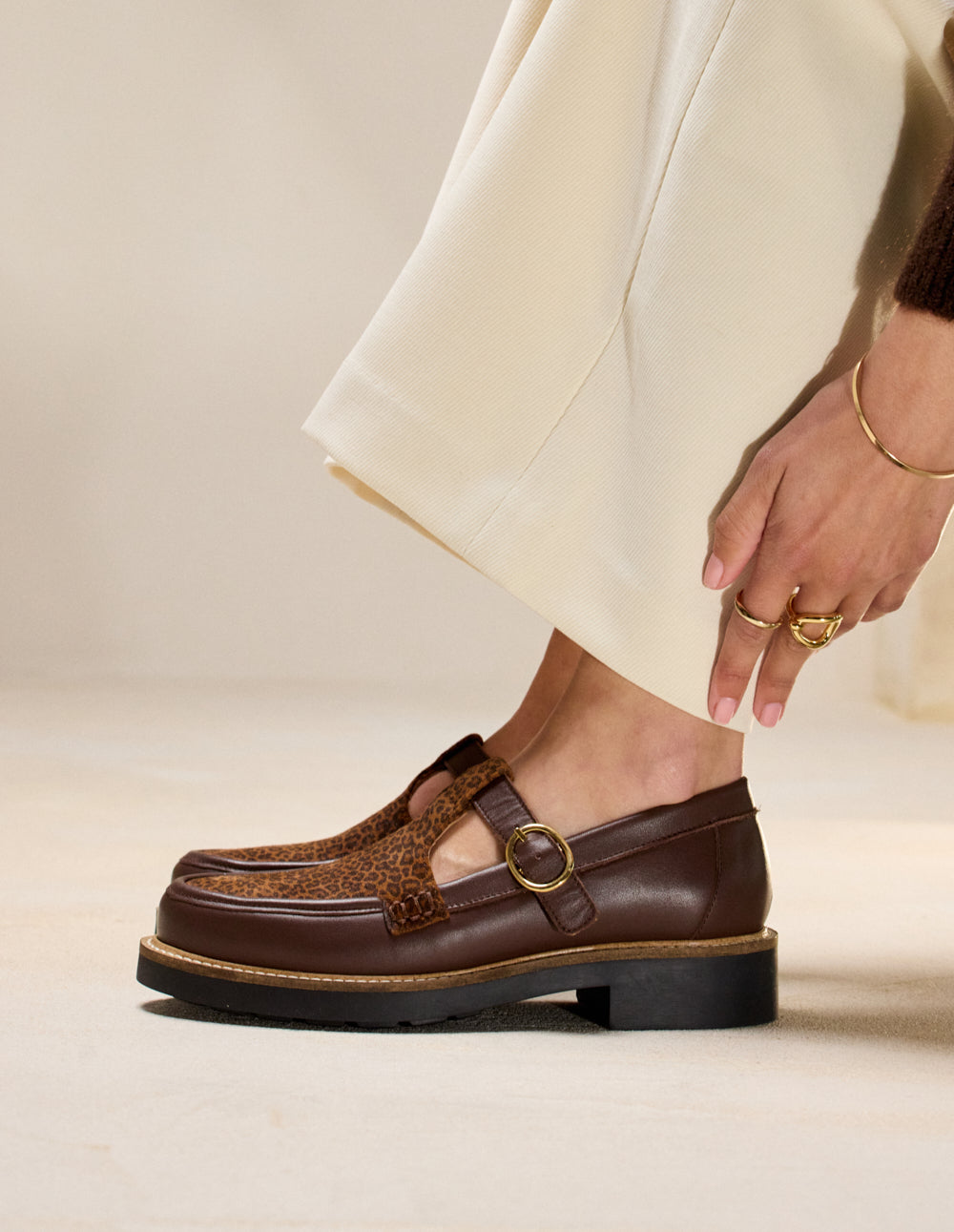 Derbies Carmen - Cuir marron et léopard