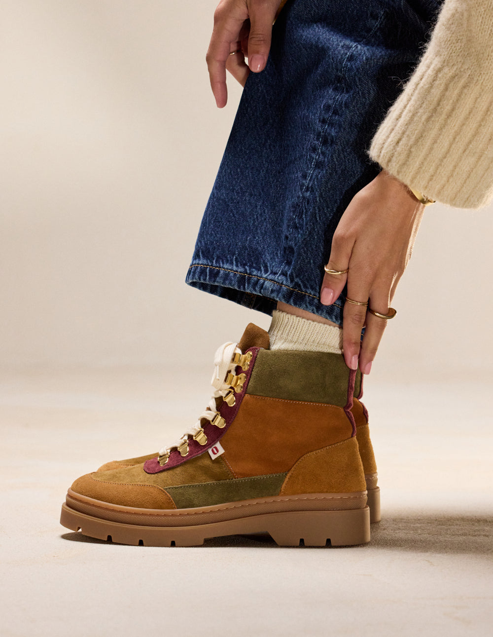 Joelle Lace-Up Ankle Boots - Cognac Suede and Burgundy Velvet