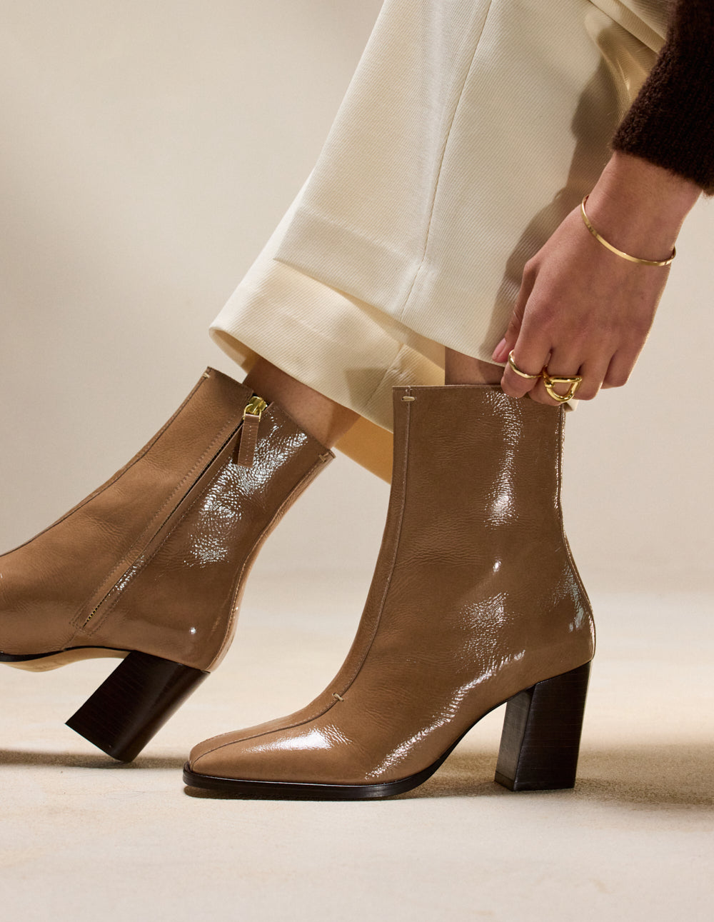 Bottines à talons Sorali - Cuir plissé verni mocha