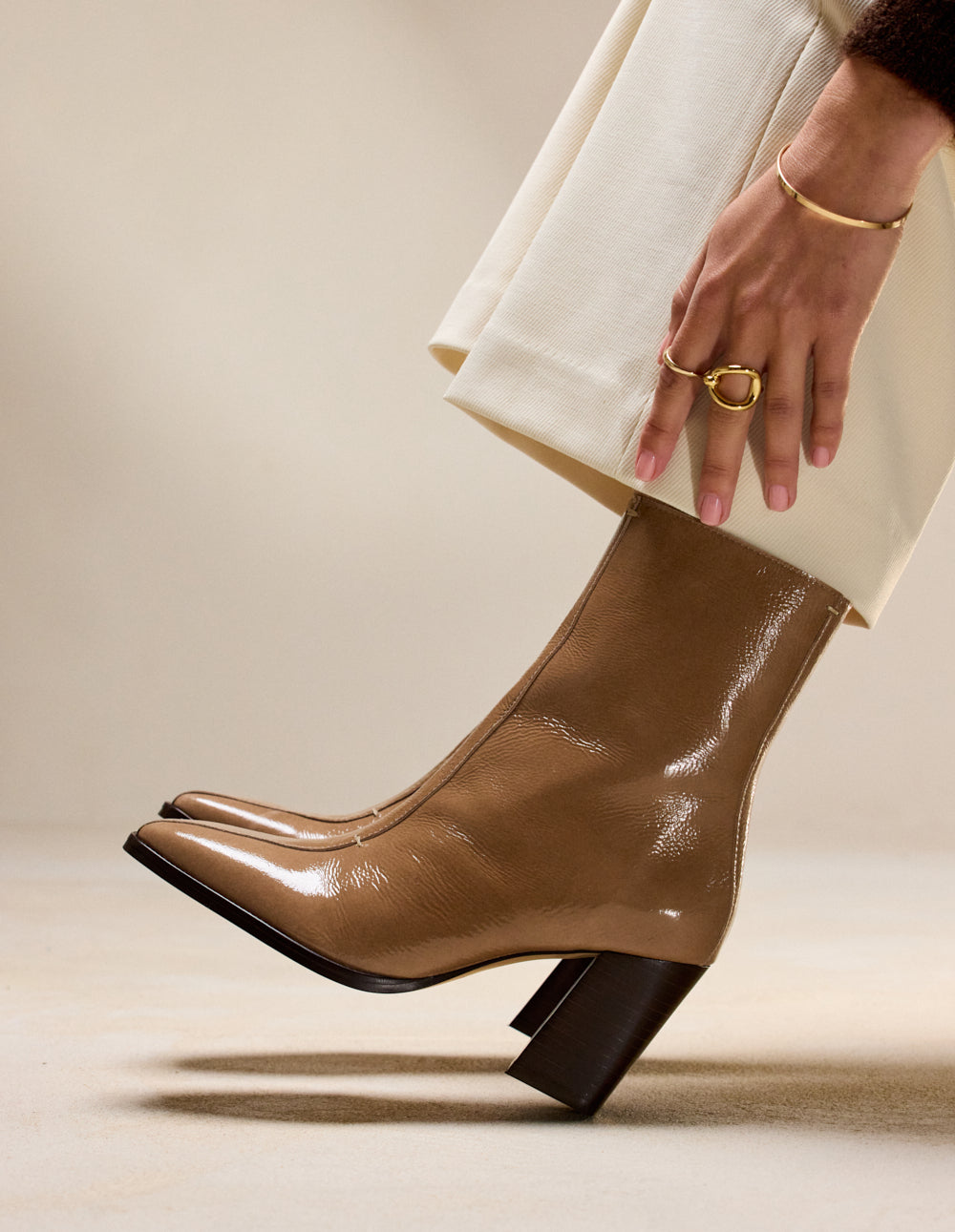 Bottines à talons Sorali - Cuir plissé verni mocha