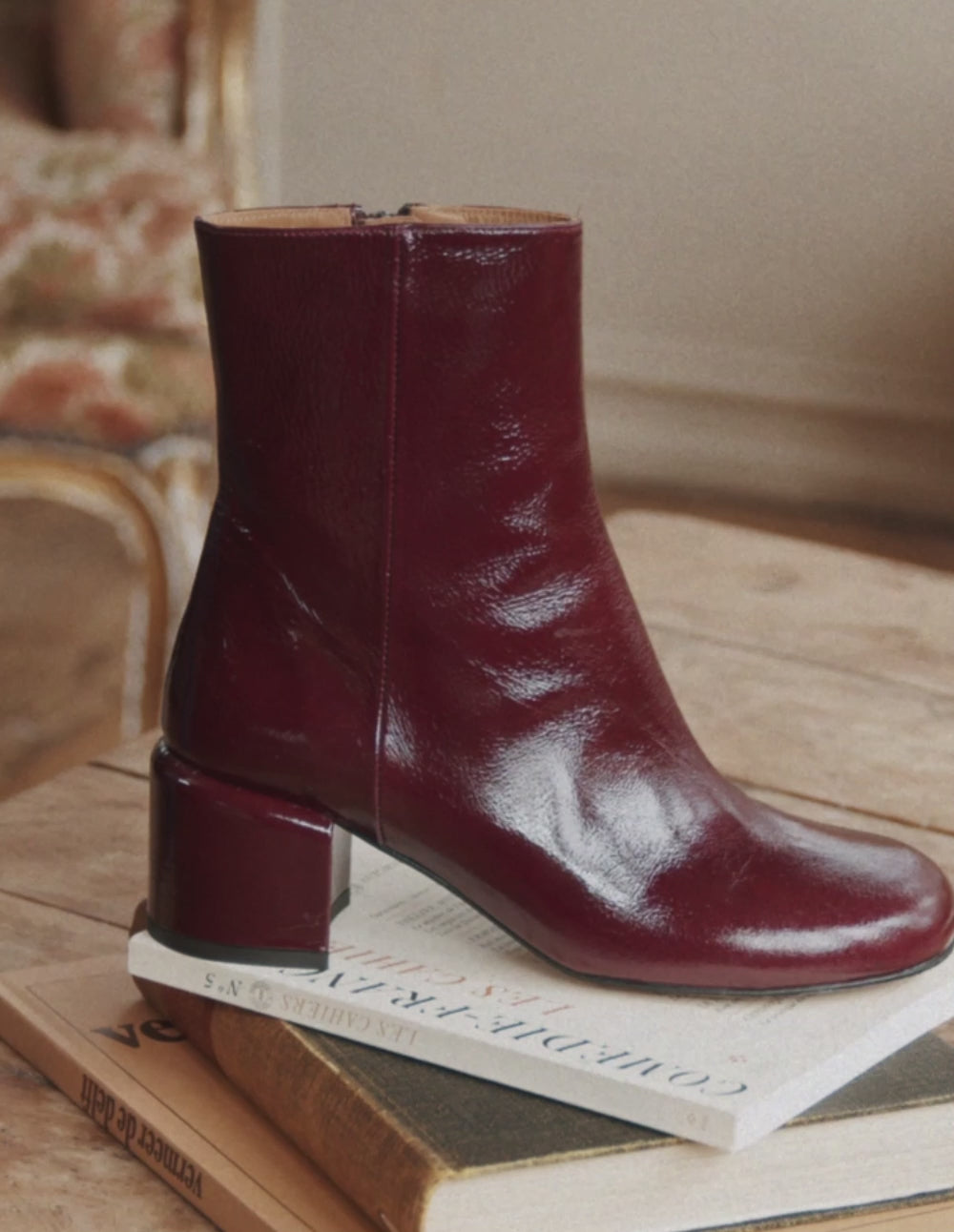 Bottines à talons Tasmin - Cuir plissé verni bordeaux
