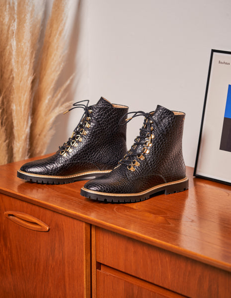 Bottines a lacets Alix Cuir Croco Noir