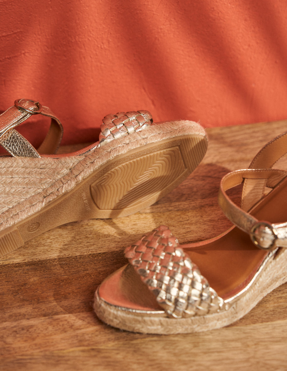 Espadrilles compensees femme cuir graine champagne Ambre
