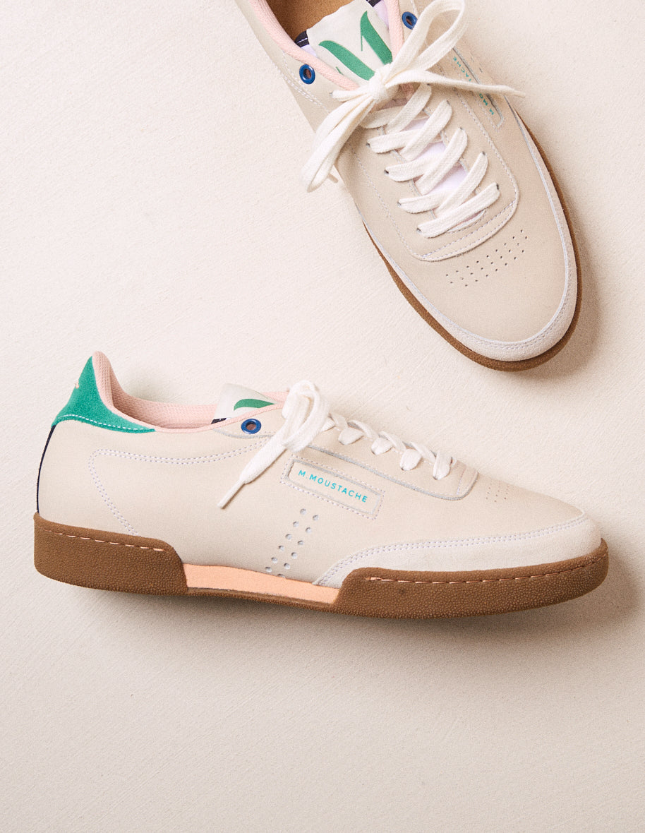 Baskets basses Anatole - Cuir écru turquoise saumon