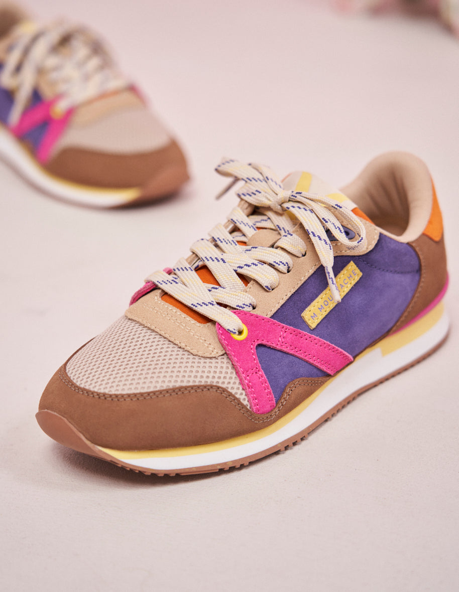 Baskets basses Andrée - Suède vegan et mesh taupe ecru fuchsia
