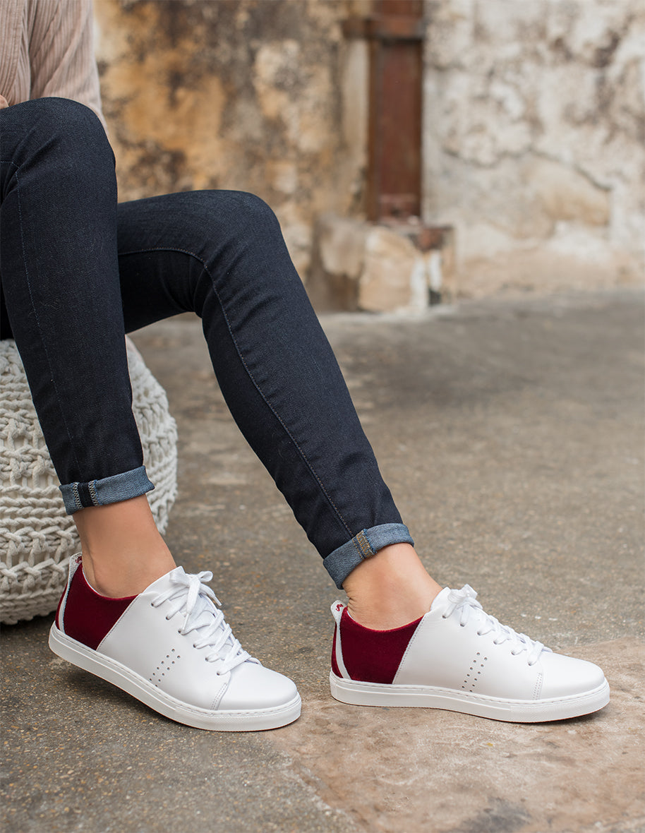 Baskets basses Renée - Cuir Blanc Velours Bordeaux VP