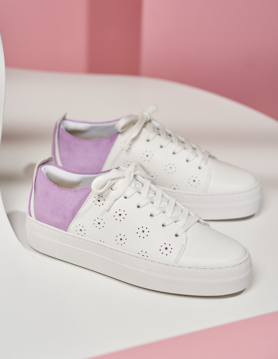 Baskets basses Renée Plateau Découpe - Cuir blanc et suède lilas