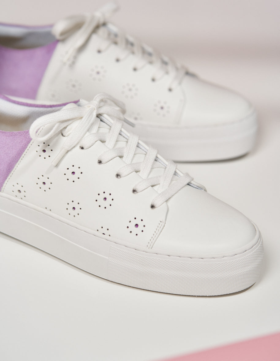 Baskets basses Renée Plateau Découpe - Cuir blanc et suède lilas