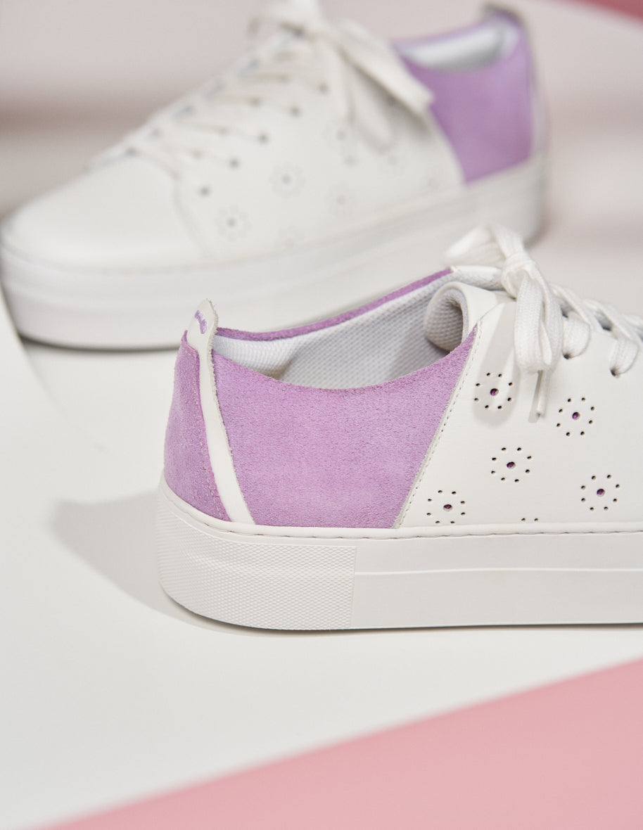 Baskets basses Renée Plateau Découpe - Cuir blanc et suède lilas