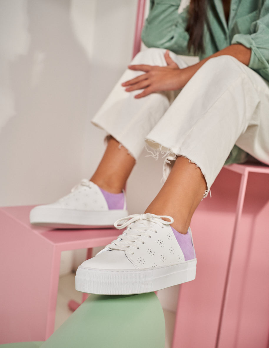 Baskets basses Renée Plateau Découpe - Cuir blanc et suède lilas