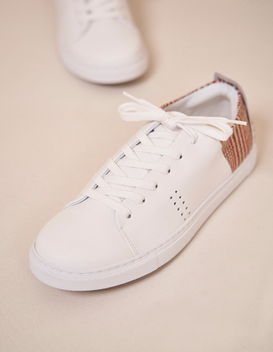 Baskets basses femme cuir blanc et tartan brique Renée